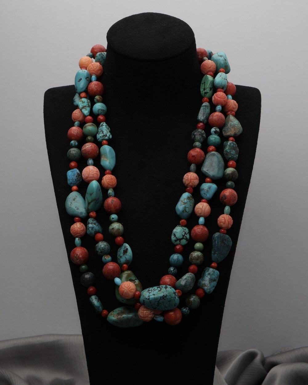 DTR Sterling Silver 3 Strand Turquoise & Coral Necklace 165.62G / (19-22in)